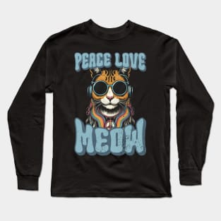 Peace Love Meow, Retro Groovy Style Hippie Cat Lover Design Long Sleeve T-Shirt